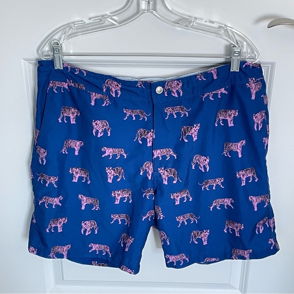 BONOBOS Banzai 7-inch Swim Trunks In Le Tigre Print Blue Pink - 35434 - Picture 2 of 11